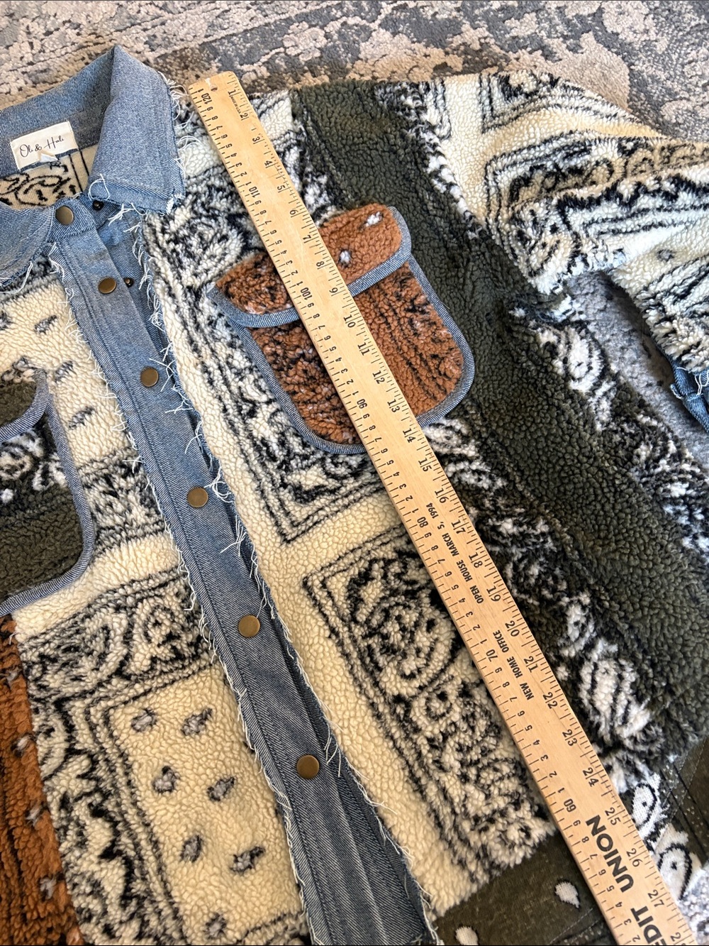Oli & Hali Patchwork Sherpa Jacket in Cream, Brown & Olive  oversized Denim Trim - Picture 6 of 7